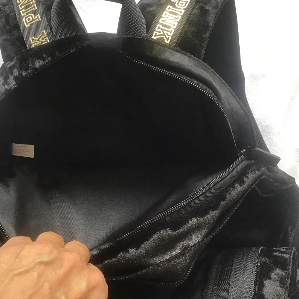 PINK Victoria's Secret Black Velvet Backpack with Gold Logo,PINK VS collegiate